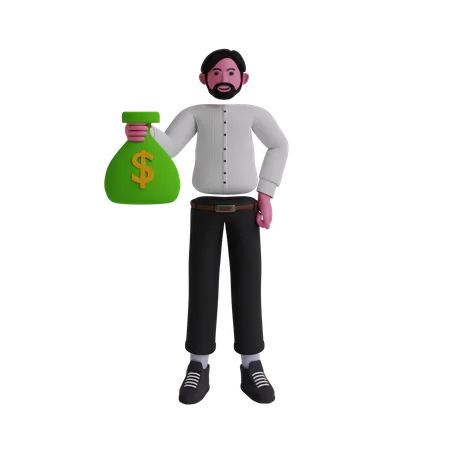 Empresario sosteniendo bolsa de dinero  3D Illustration