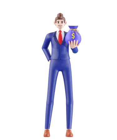 Empresario sosteniendo bolsa de dinero  3D Illustration