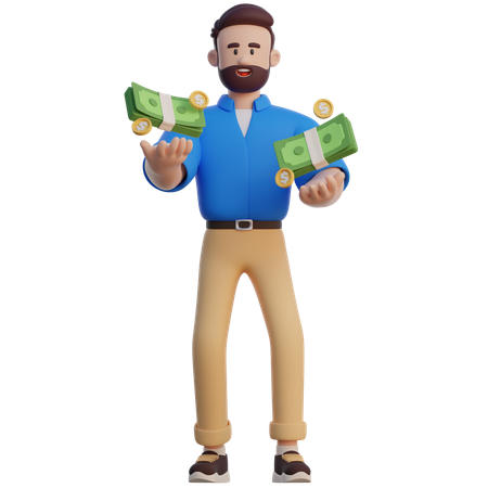 Empresario sosteniendo paquete de dinero  3D Illustration