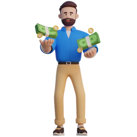 Empresario sosteniendo paquete de dinero  3D Illustration