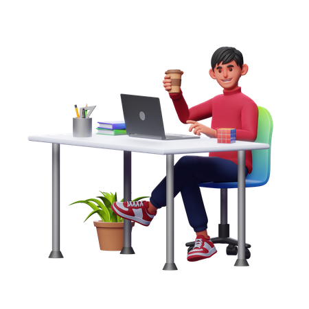 Empresario tomando café en el espacio de trabajo  3D Illustration