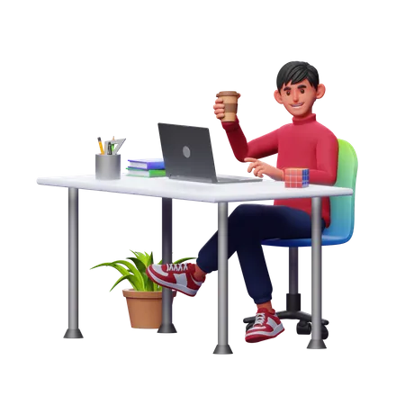 Empresario tomando café en el espacio de trabajo  3D Illustration