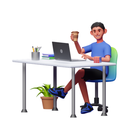 Empresario tomando café en el espacio de trabajo  3D Illustration