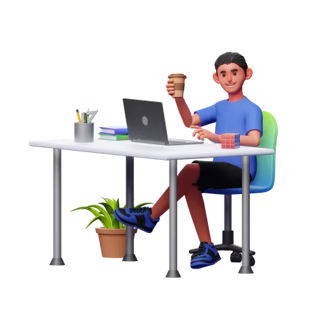 Empresario tomando café en el espacio de trabajo  3D Illustration