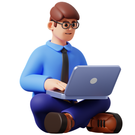Empresario trabajando con ordenador portátil sentado en el suelo  3D Illustration