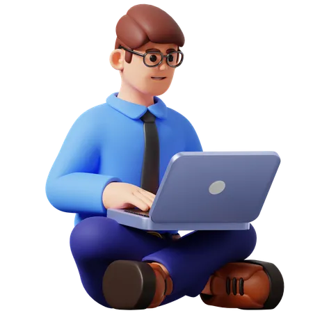 Empresario trabajando con ordenador portátil sentado en el suelo  3D Illustration