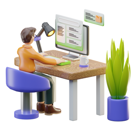 Empresario trabajando en computadora  3D Icon