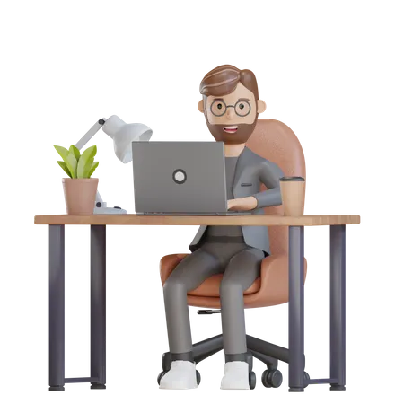 Personaje De Hombre De Negocios 3 D Trabajando Con Computadora Portatil 3D Illustration