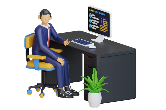 Empresario trabajando en el escritorio de la oficina  3D Illustration