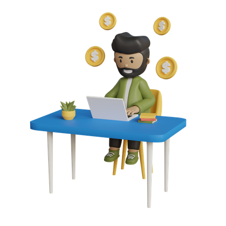 Empresario trabajando en la oficina con pensamiento financiero  3D Illustration