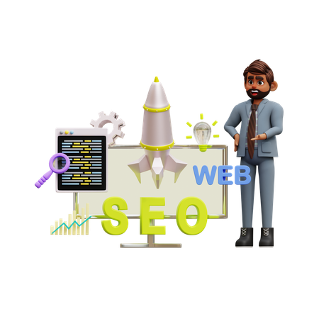 Empresário trabalhando na inicialização de SEO  3D Illustration