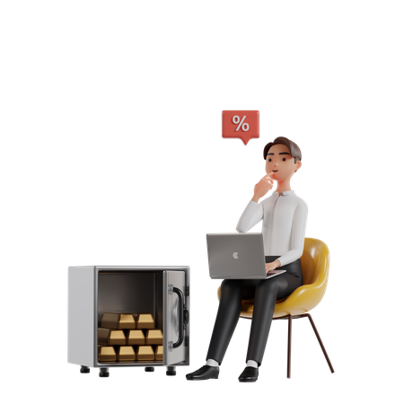 Empresário trabalhando em um laptop enquanto pensa em investir em ouro  3D Icon