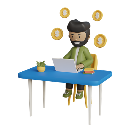 Empresário trabalhando no escritório com pensamento financeiro  3D Illustration