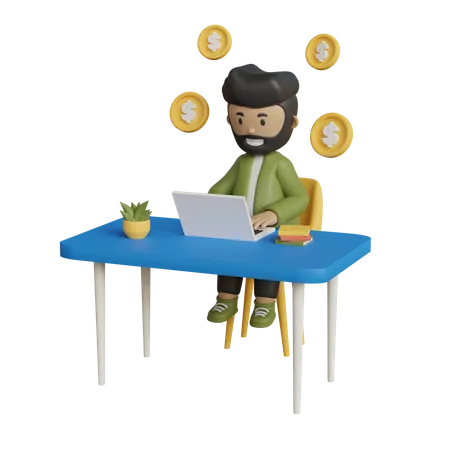 Empresário trabalhando no escritório com pensamento financeiro  3D Illustration