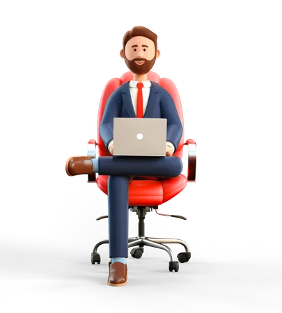 Ilustracao 3 D Do Empresario Sorridente Feliz Com Laptop Sentado Em Uma Poltrona E Olhando Para A Camera Homem Barbudo De Desenho Animado Trabalhando No Escritorio E Usando O Computador 3D Illustration