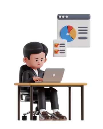 Empresário trabalhando no laptop na mesa de escritório  3D Icon