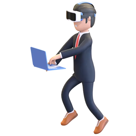 Hombre De Negocios Llevando Casco De Realidad Virtual Delante De Computadora Portatil Caracter 3 D Ilustracion 3D Illustration