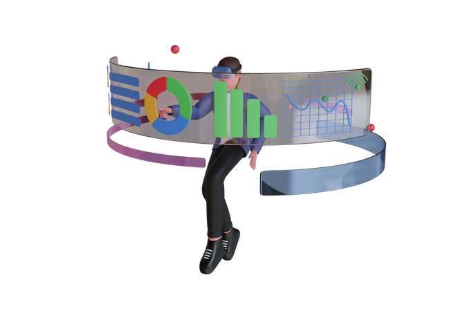 Empresario con gafas de realidad virtual y gestión de infografías.  3D Illustration