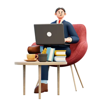 Empresário usando laptop no local de trabalho do escritório  3D Illustration