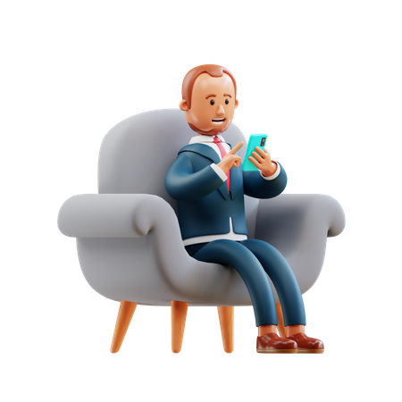 Empresário usando telefone enquanto está sentado no sofá  3D Illustration