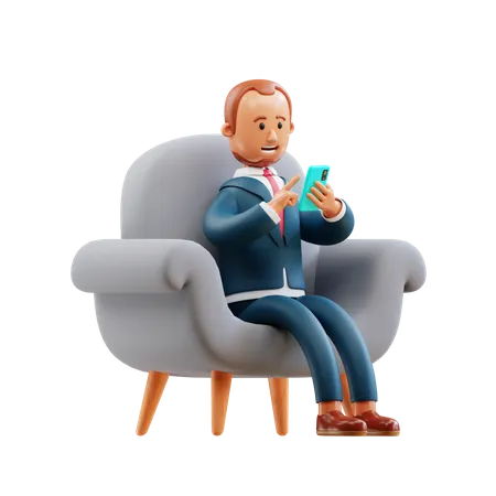 Homem De Negocios Sentado No Sofa E Usando Smartphone 3D Illustration