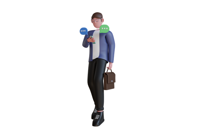 Empresário verificando e-mail no celular enquanto caminha  3D Illustration