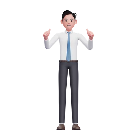 El hombre de negocios con camisa larga y corbata azul da doble pulgar hacia arriba.  3D Illustration