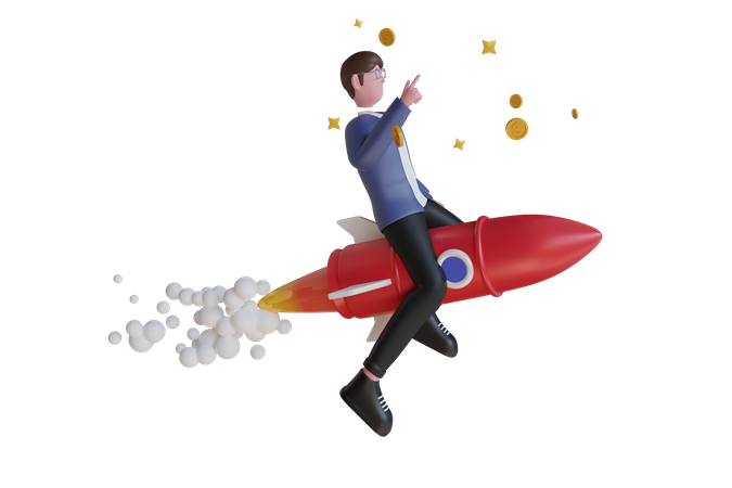 Empresário voando com um foguete para o sucesso  3D Illustration