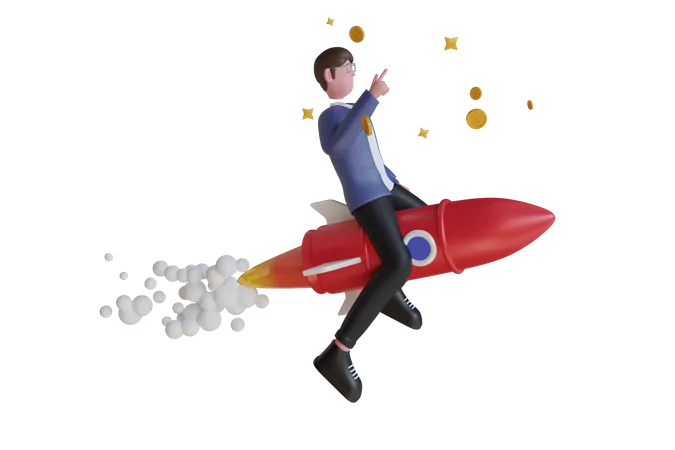Empresário voando com um foguete para o sucesso  3D Illustration