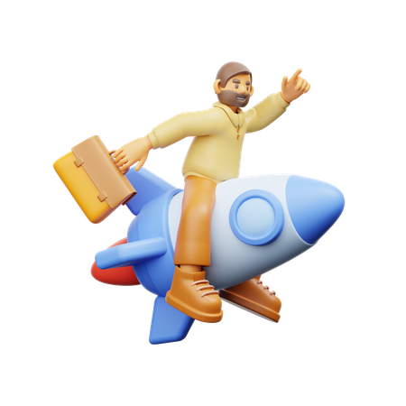 Empresário voando em foguete  3D Illustration