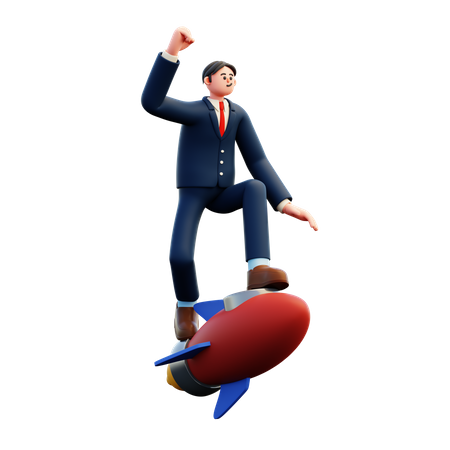 Empresário voando em foguete  3D Illustration