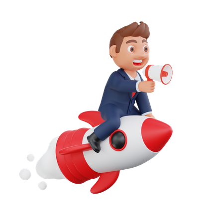 Empresário voando em foguete e fazendo marketing empresarial  3D Illustration