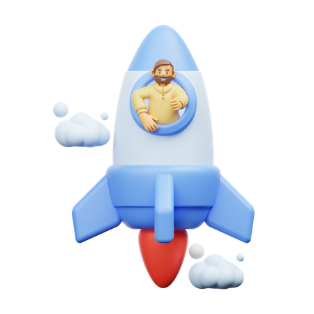 Empresário voando em um foguete  3D Illustration