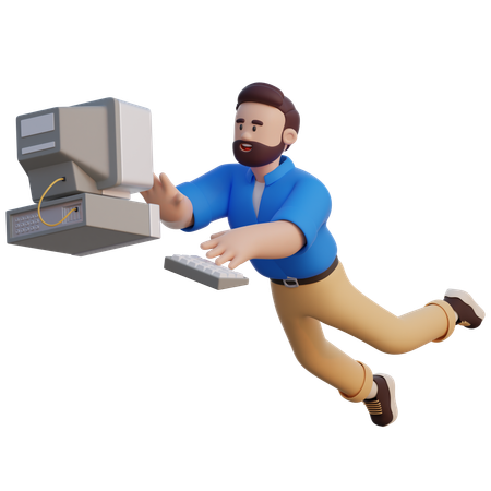 Empresario volando con computadora  3D Illustration