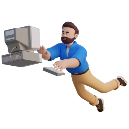 Empresario volando con computadora  3D Illustration