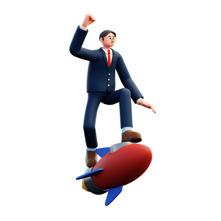 Empresario volando en cohete  3D Illustration