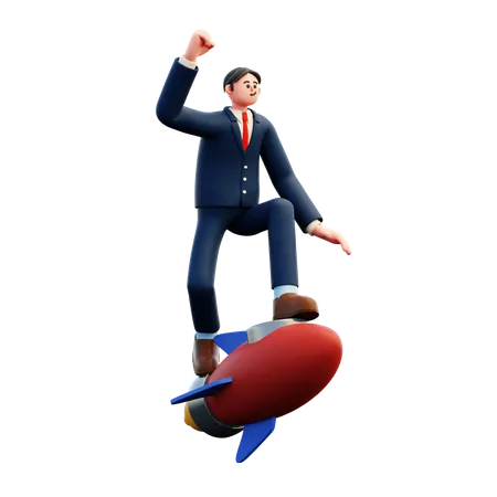 Empresario volando en cohete  3D Illustration