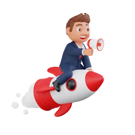Empresario volando en cohete y haciendo marketing empresarial  3D Illustration