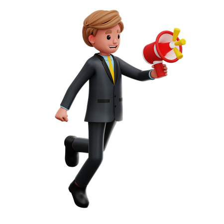 Empresario volando sosteniendo megáfono  3D Icon
