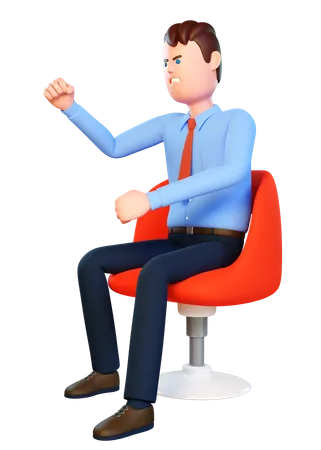 Empresário irritado sentado na cadeira do escritório  3D Illustration
