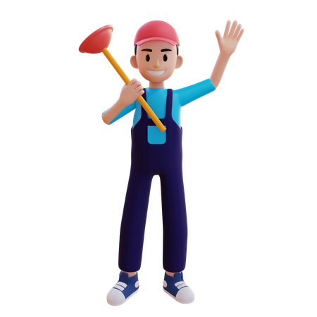 Encanador acenando com a mão e segurando o desentupidor do vaso sanitário  3D Icon