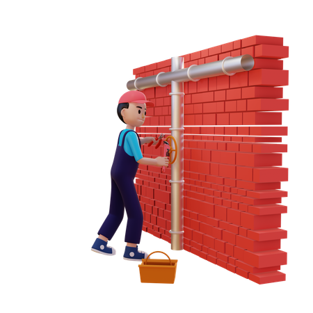 Encanador consertando cano na parede  3D Illustration