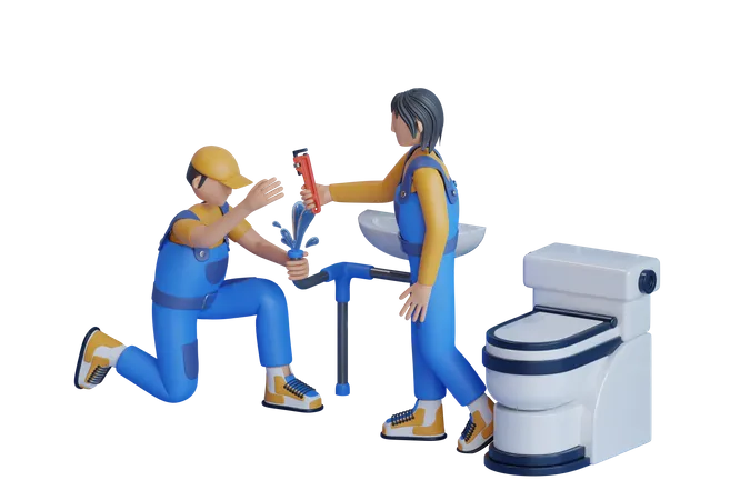Ilustracao 3 D Do Reparo De Vazamento Na Tubulacao De Agua Encanador No Banheiro Servico De Conserto De Encanamento Usando Uma Chave Ajustavel Para Consertar Pias Com Vazamento 3D Illustration