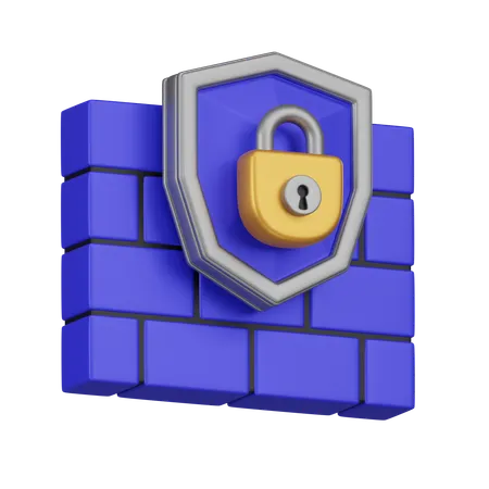 This 3 D Icon Depicts A Secure Network Represented By A Blue Brick Wall With A Protective Shield And Padlock Symbolizing Strong Cybersecurity Measures In Place 3D Icon