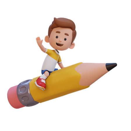 Enfant chevauchant un crayon et agitant la main  3D Icon