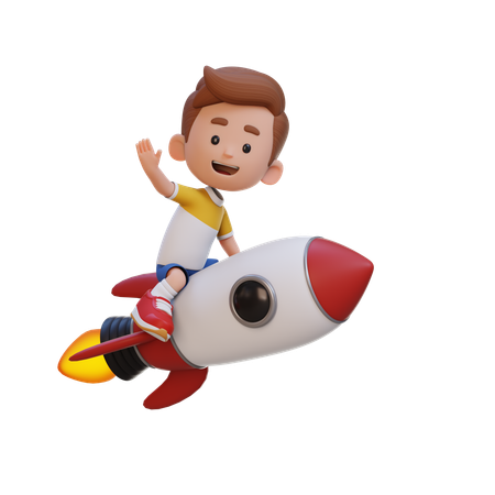 Enfant chevauchant une fusée et agitant la main  3D Icon