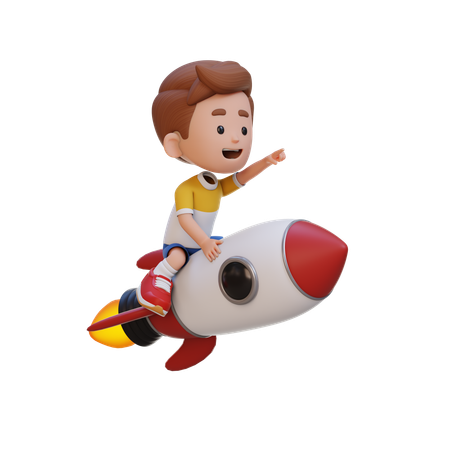 Enfant chevauchant une fusée et pointant la main  3D Icon