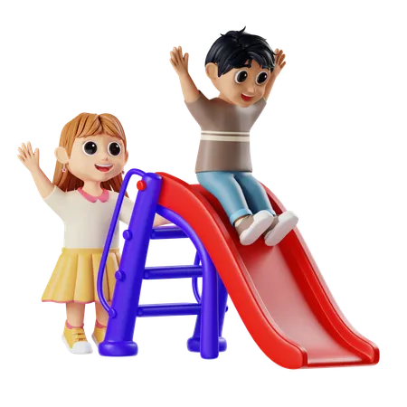 Enfants jouant au toboggan  3D Illustration