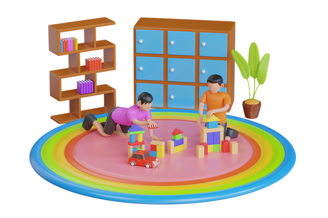 Enfants jouant avec des blocs de jouets colorés  3D Icon