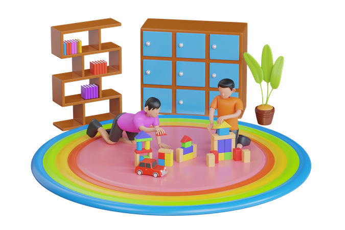 Enfants jouant avec des blocs de jouets colorés  3D Illustration